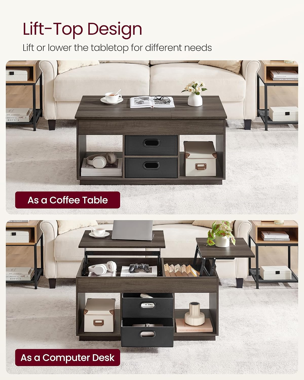 Detalle 2 de VASAGLE LCT210K02 Lift-Top Coffee Table, Ash Brown, 2 Drawers