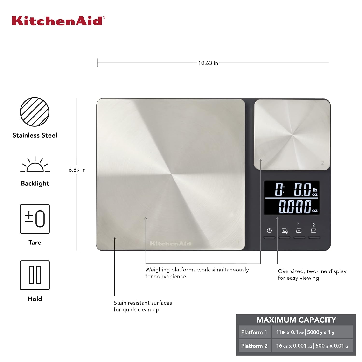 Thumbnail 3 de KitchenAid KQ909 Dual Platform Digital Kitchen and Food Scale (Black with Stainless Steel)