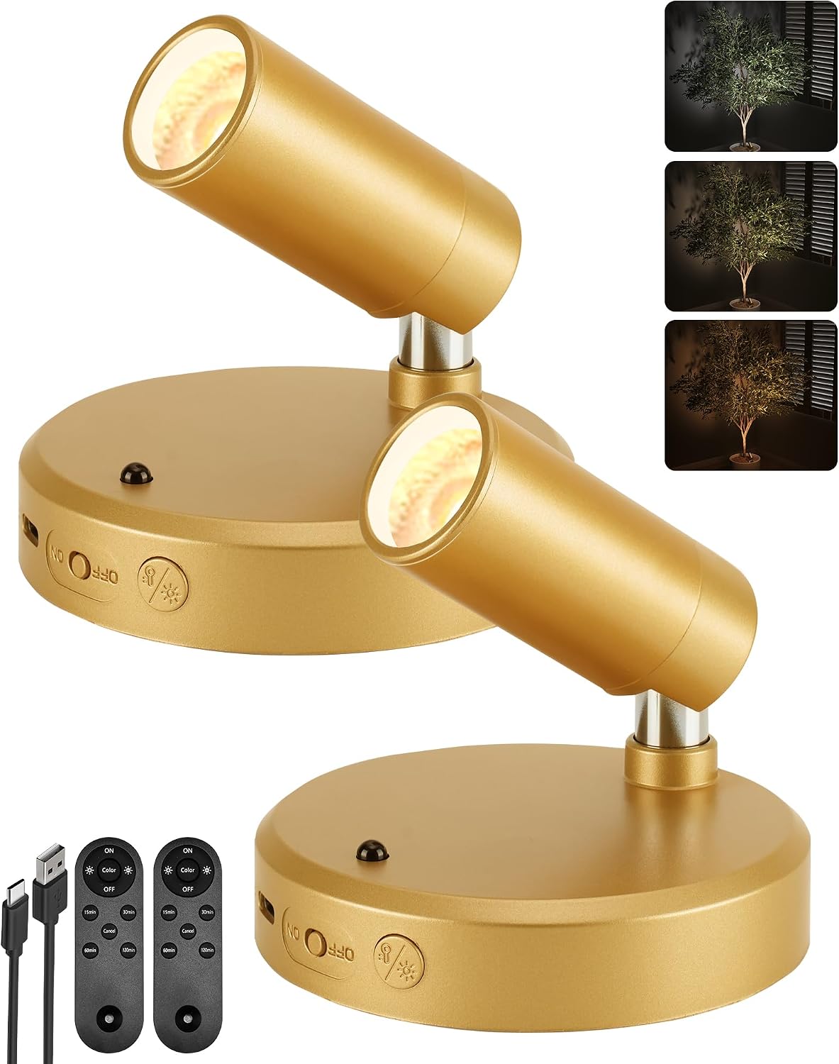 Detalle de EZVALO EZL2414A Indoor LED Spotlights, Rechargeable, Remote-Controlled, Gold 2-Pack