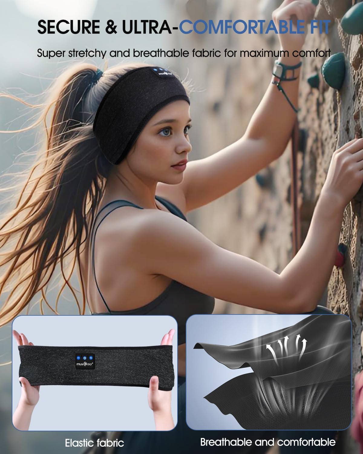 Detalle de MUSICOZY Schlafkopfhörer – Ultradünn, Bluetooth 5.4, 14 Std. Akku, waschbar