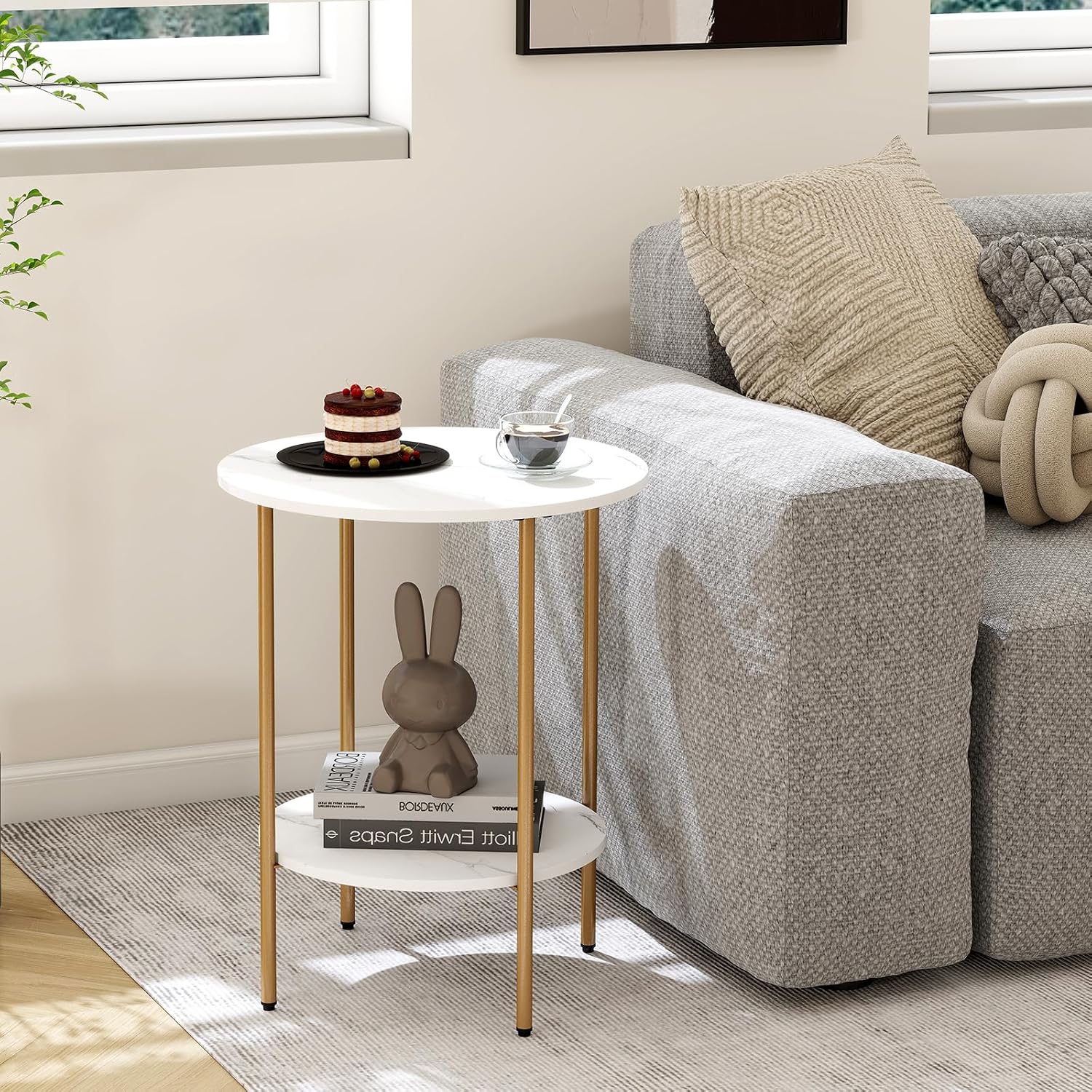 Detalle 2 de CAMOAT Two-Tier Side Table with Marble-Look Wood Top and Metal Frame