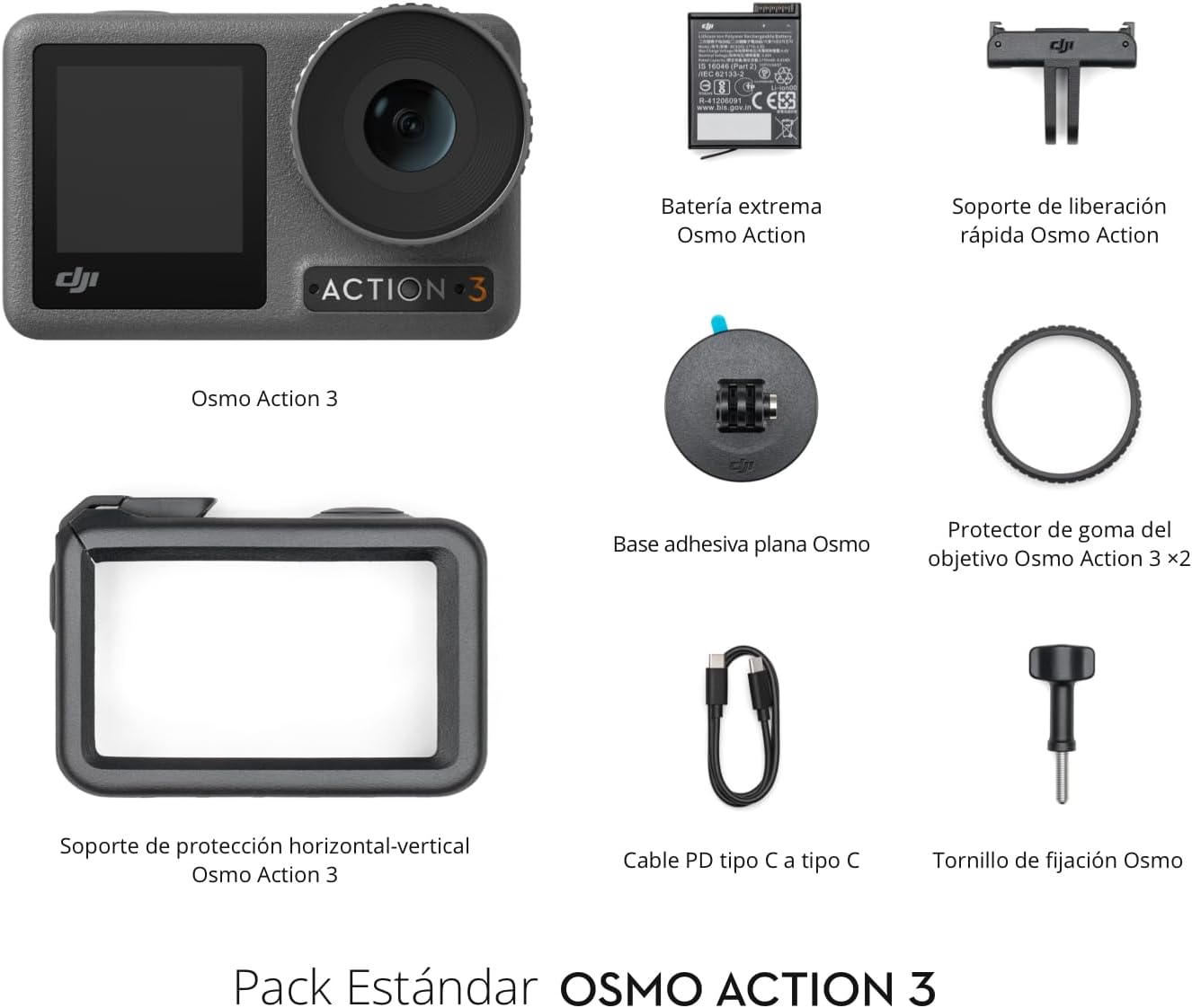 Detalle de DJI Pack Estándar Osmo Action 3: Cámara de acción 4K con doble pantalla, HorizonSteady y sumergible a 16 m