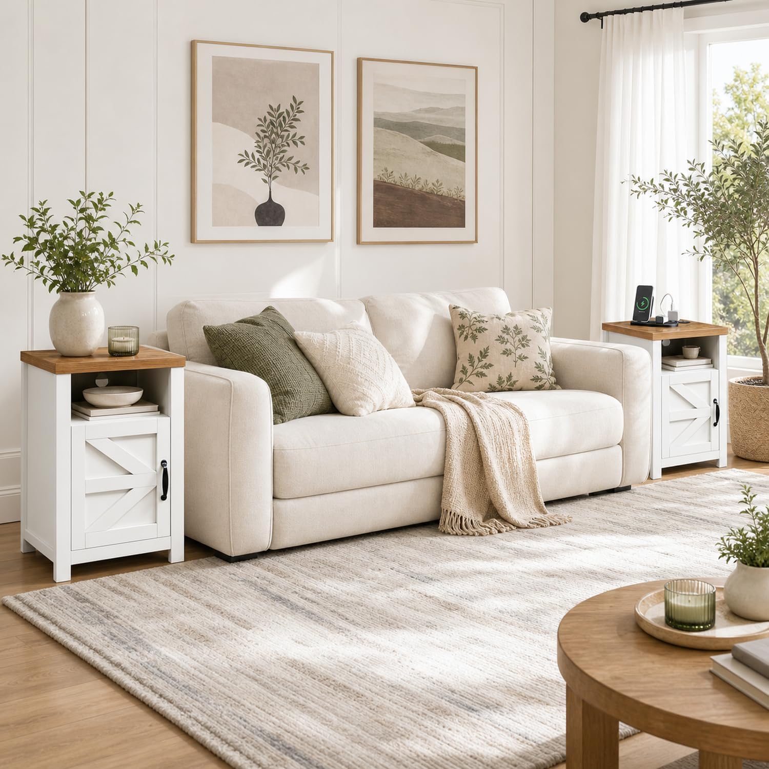 Detalle de Treesland Farmhouse Nightstand Set of 2 with USB Charging and Barn-Door Storage