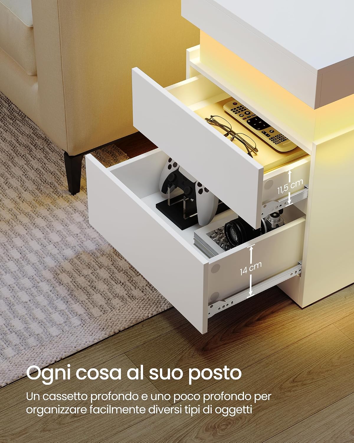 Thumbnail 5 de VASAGLE Collezione KAILYN – Comodino con multipresa integrata, piano scorrevole e striscia LED in Bianco Neve