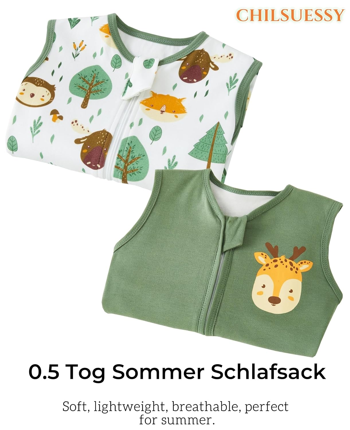Thumbnail 1 de Chilsuessy 2er Pack Baby Sommerschlafsack mit Füßen (0,5 Tog), 100% Baumwolle – Grün/Waldtiere, passend für 100 cm