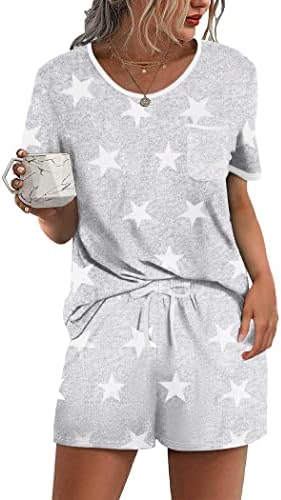 Detalle de Ekouaer Women's Two-Piece Pajama Set with Chest Pocket and Drawstring Shorts