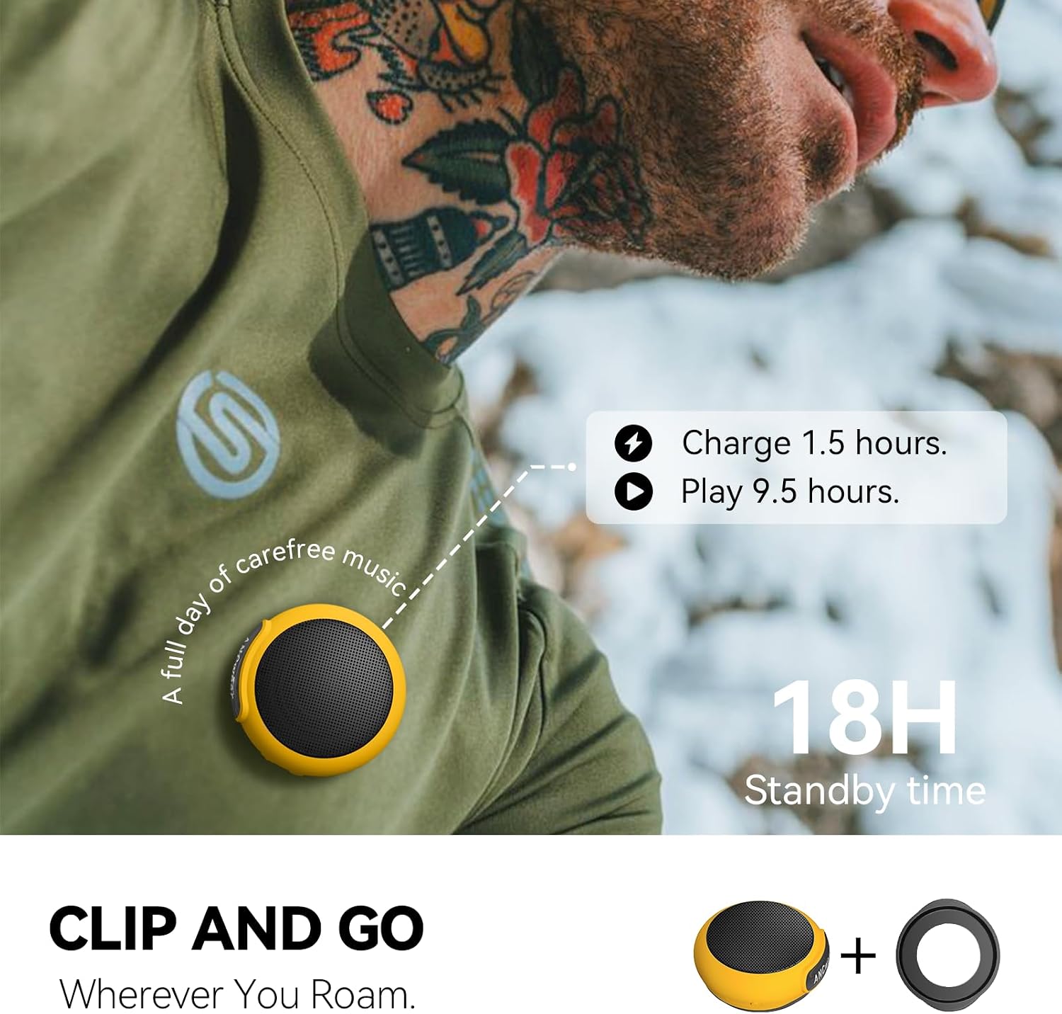 Detalle 2 de ANCwear Wearable Bluetooth Speaker with Clip (Yellow) — IPX6, 3W, 9.5h Playtime