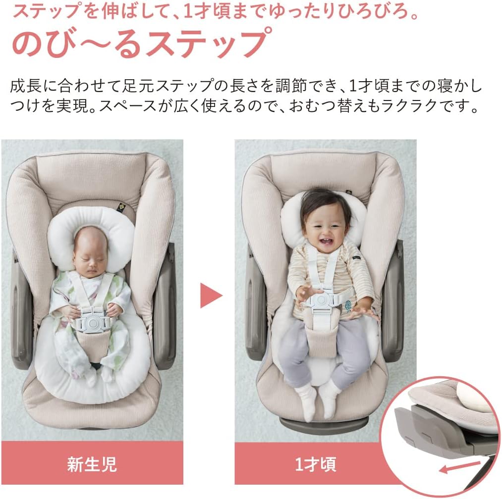 Detalle de コンビ ホワイトレーベル ネムリラ AUTO SWING BEDi Long スリープシェル EG+ 電動ハイローチェア
