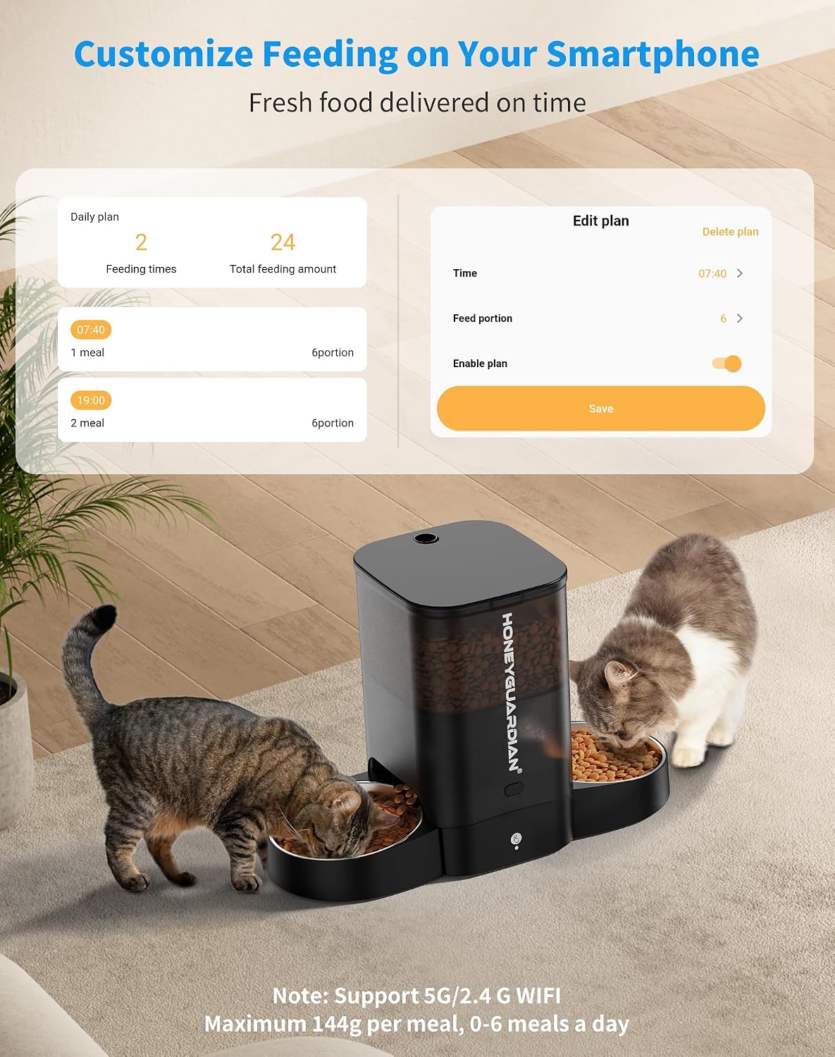 Detalle de HoneyGuaridan 3,5L distributore automatico cibo per gatti con WiFi 2,4/5 GHz, 6 pasti e doppia ciotola
