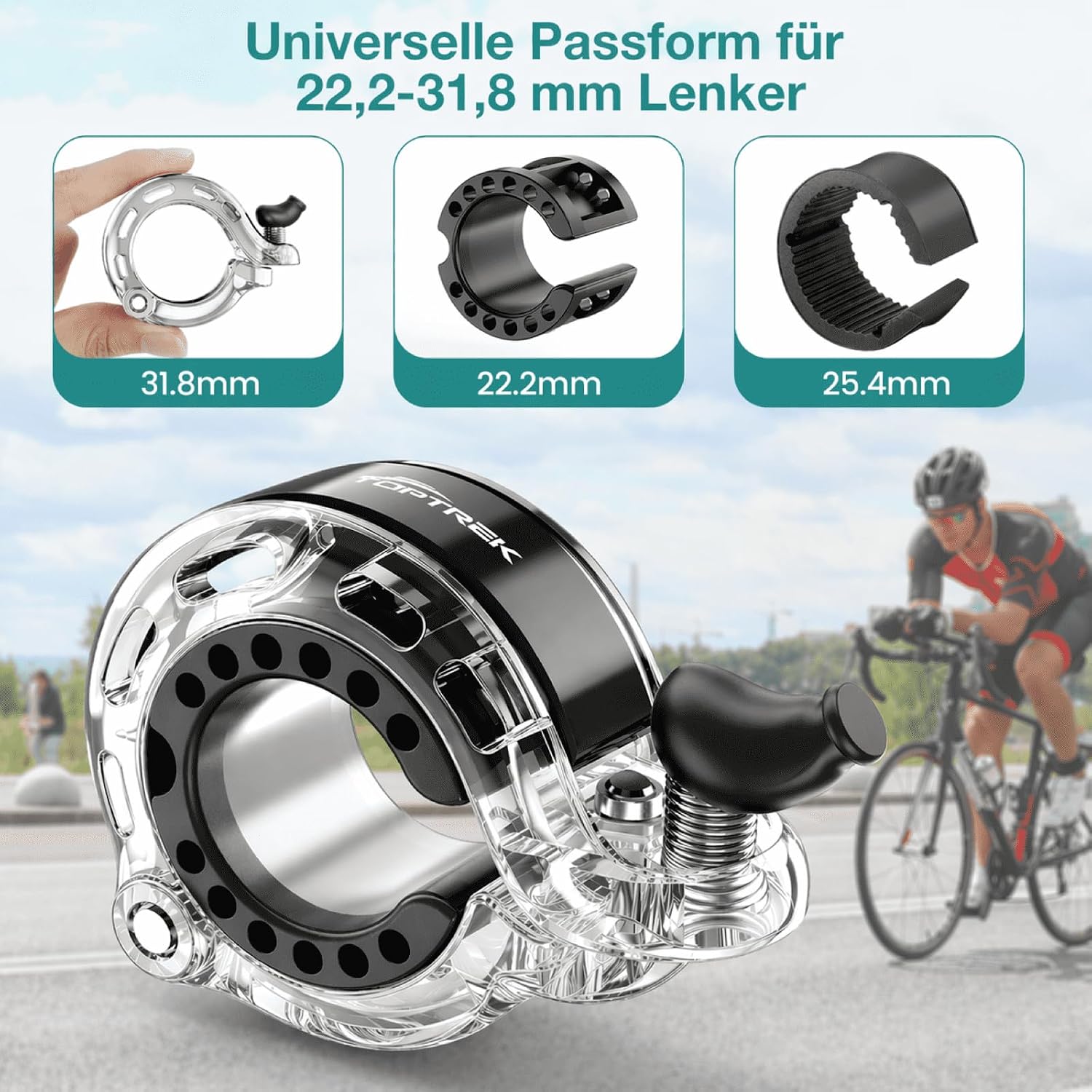Detalle de Toptrek Fahrradklingel Mountainbike – kompakt, 100–110 dB, universal 22,2–31,8 mm Lenker