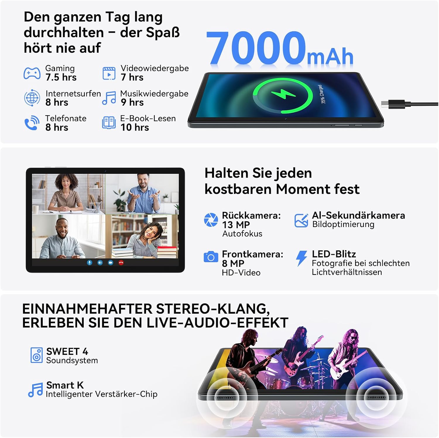 Detalle de KADYBE Tablet 10 Zoll – Android 16, 16 GB RAM, 128 GB Speicher, 9‑in‑1 Set