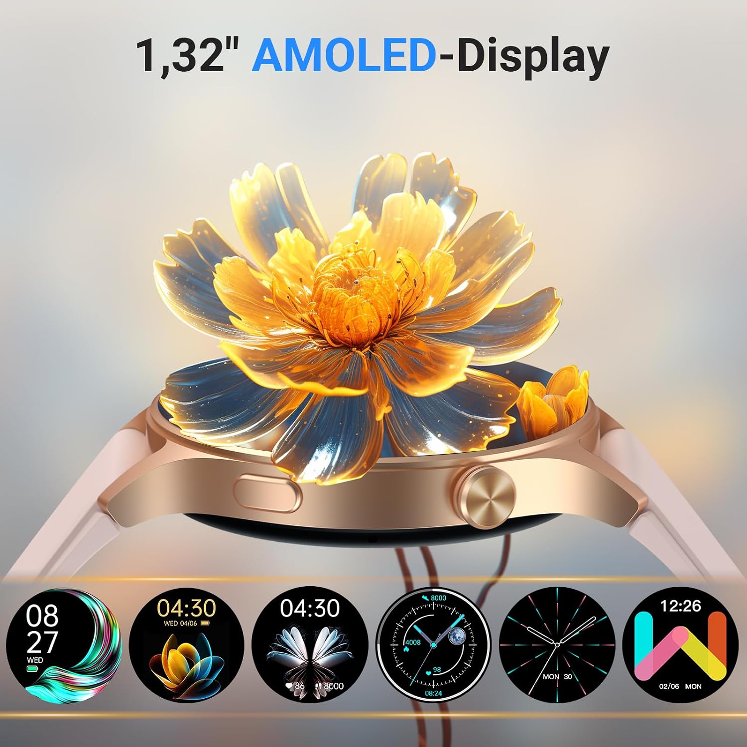 Detalle de Smartwatch Damen Rund mit Telefonfunktion – 1,32" AMOLED Display, 110+ Sportmodi, 3ATM, Puls- und SpO2-Messung, Schlafmonitor, Rosa