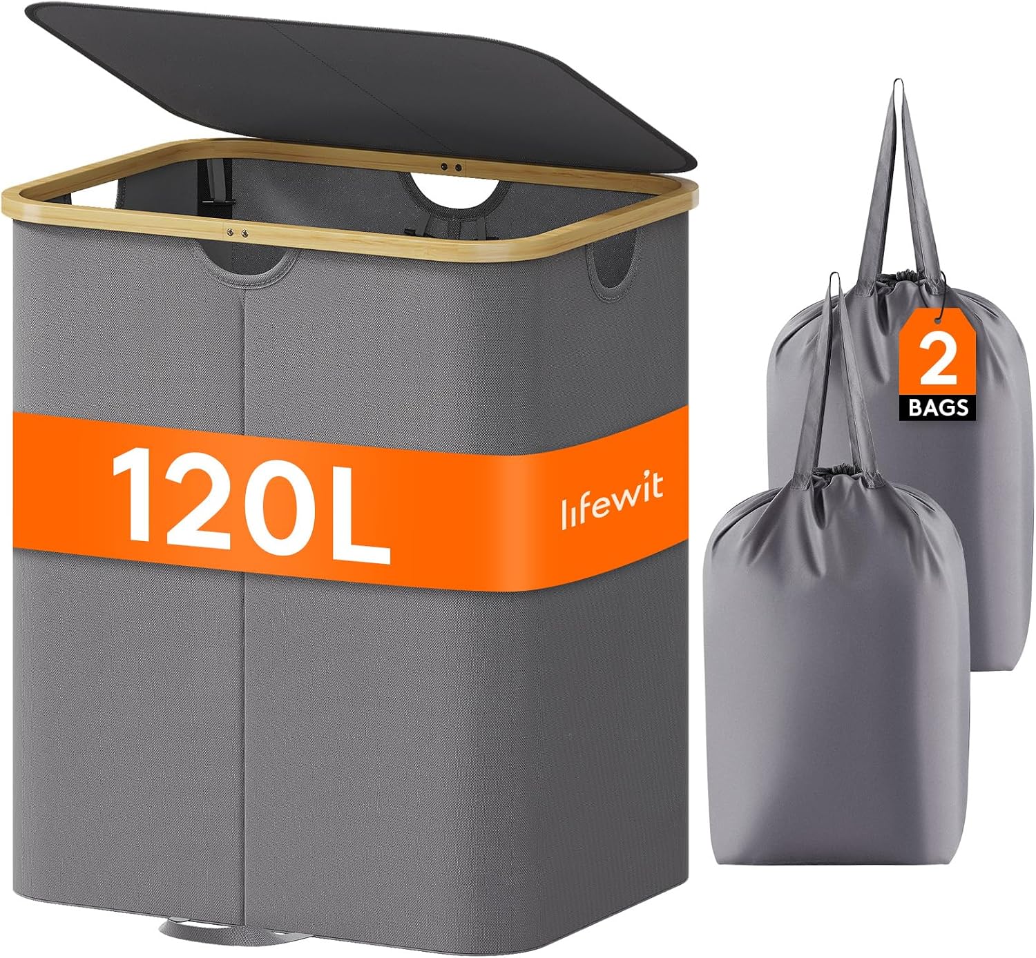 Detalle de Lifewit wasmand 120 L met deksel, 2 vakken en uitneembare waszakken