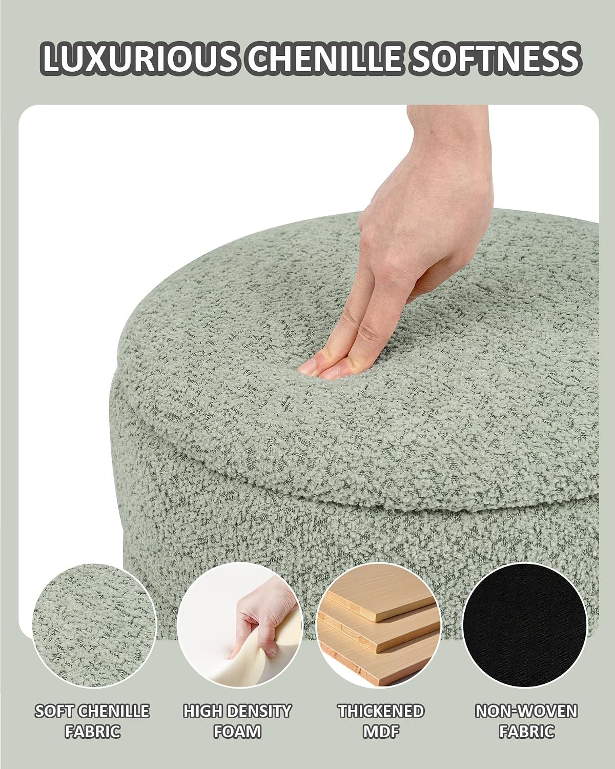Detalle 2 de PINPLUS Green Chenille Folding Storage Ottoman, Round, 150 kg Capacity
