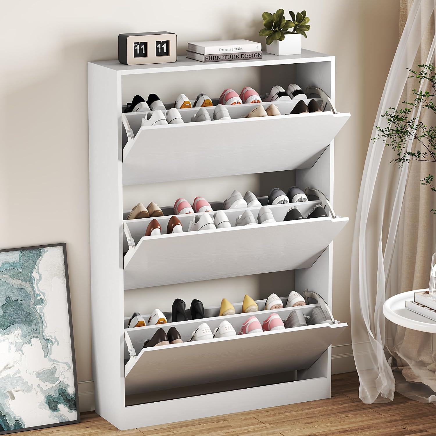 Detalle de BORNOON Sc-80 Shoe Cabinet, 3 Flip Drawers, White, 9.45-Inch Deep
