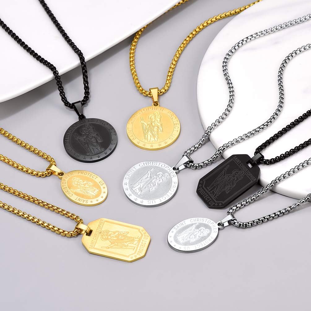Thumbnail 5 de PROSTEEL Collier Saint Christophe en acier 316L avec pendentif rond/ovale/plaque et plaqué or jaune