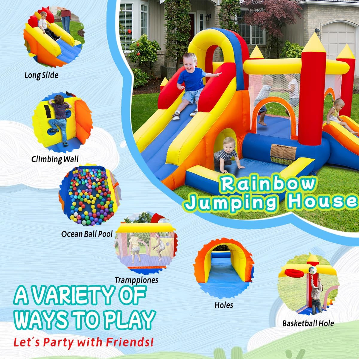 Thumbnail 2 de Ballsea Hüpfburg mit Gebläse – XXL-Kinderspielplatz mit Rutsche, Trampolin und Sicherheitsnetz (EN71, für 3–8 Jahre)