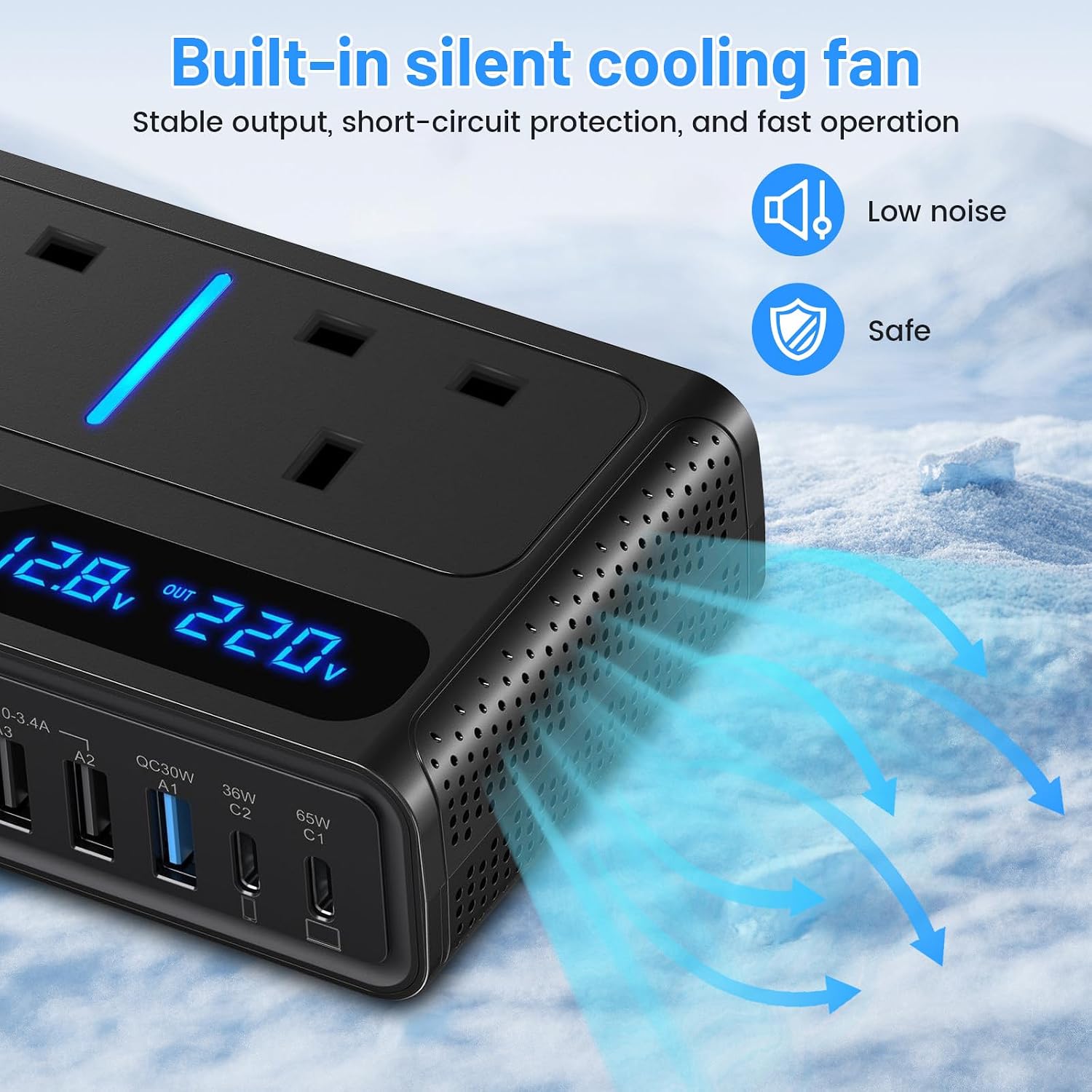 Detalle 2 de 8 in 1 200W Car Power Inverter (12V to 240V/230V) with 2 AC Sockets, 4 USB & 2 Type-C