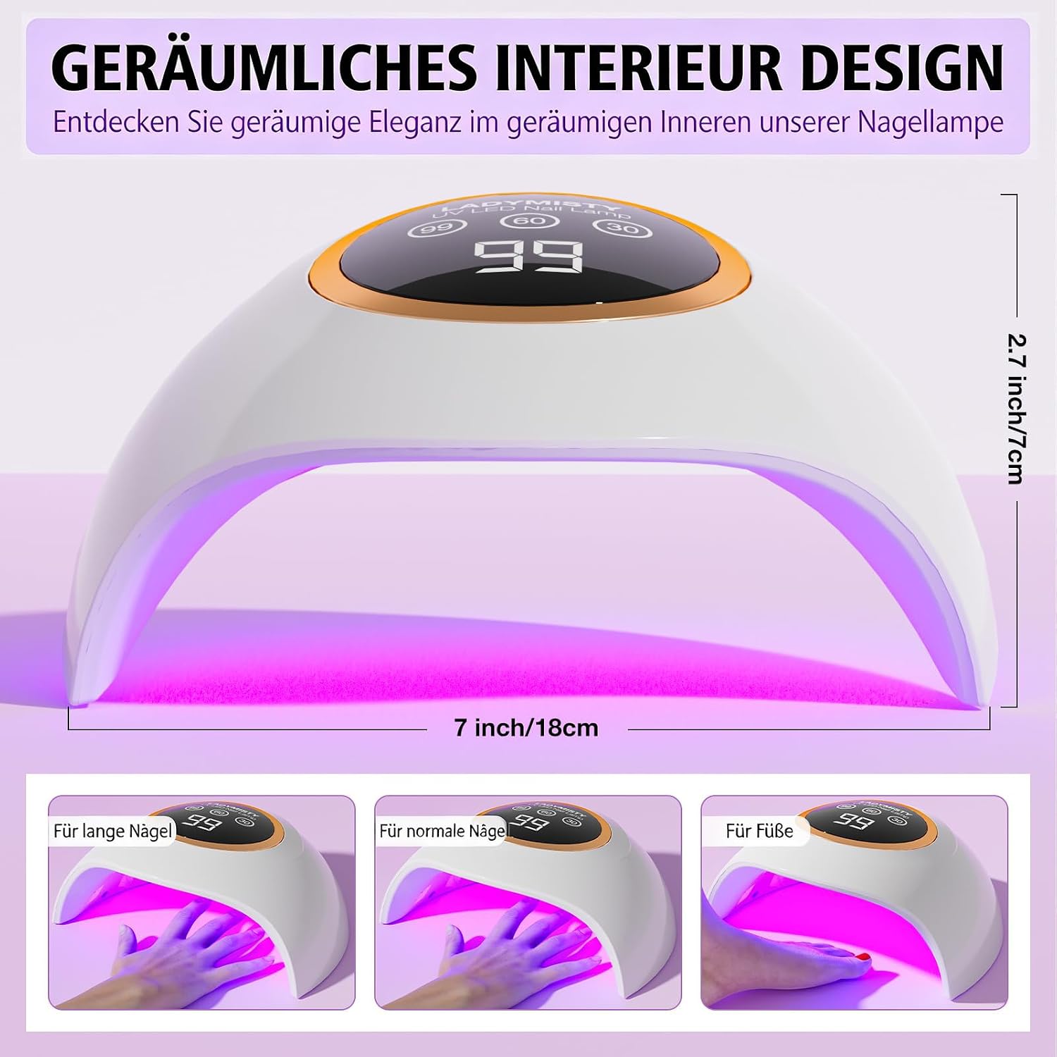 Detalle de UV Lampe für Gelnägel 72W mit 18 LEDs, Timer, LCD Display – Ideal für Anfänger und Profis