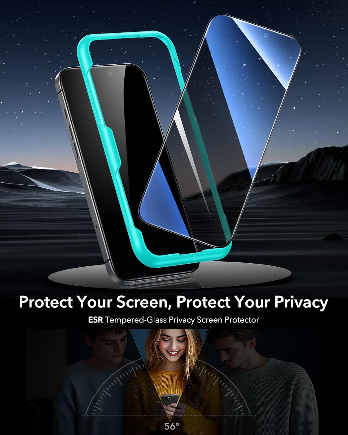 Detalle de ESR 3 Pack Privacy Screen Protector for iPhone 16 Pro Max: Anti-Spy Tempered Glass with Easy Install