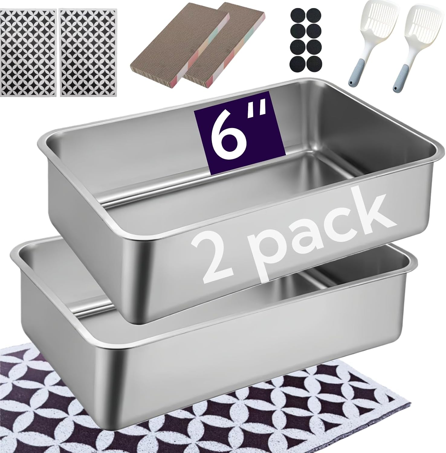Spindro Confezione da 2 scatole per lettiera in acciaio inox con lati alti (15,2 cm) – set completo