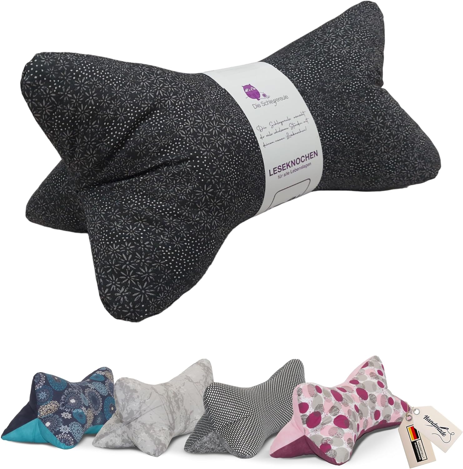 Detalle de Die Schleyereule Leseknochen Nackenkissen – handgestopft, waschbar und in Deutschland hergestellt (Black Flower)