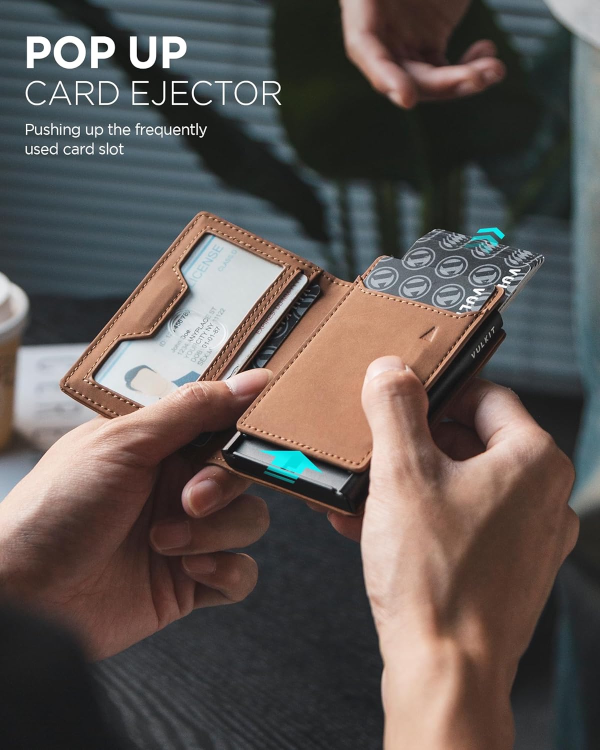 Detalle de VULKIT Men’s Card Holder with Sliding Ejector, RFID Blocking & Zipper Coin Pocket
