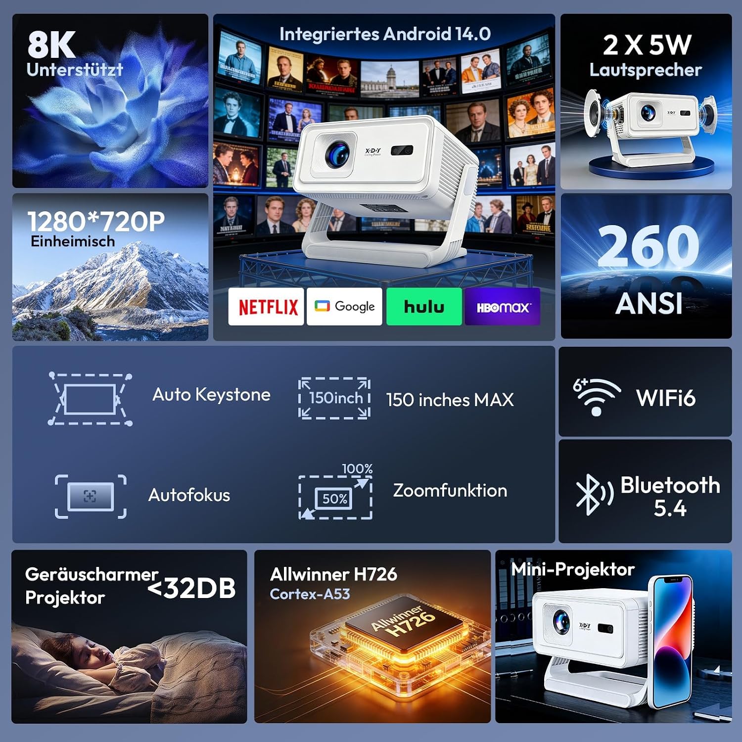 Thumbnail 1 de Xgody A1 Smart Beamer – 4K-Unterstützung, WiFi 6 & Bluetooth 5.4, Autofokus, 180° Drehung