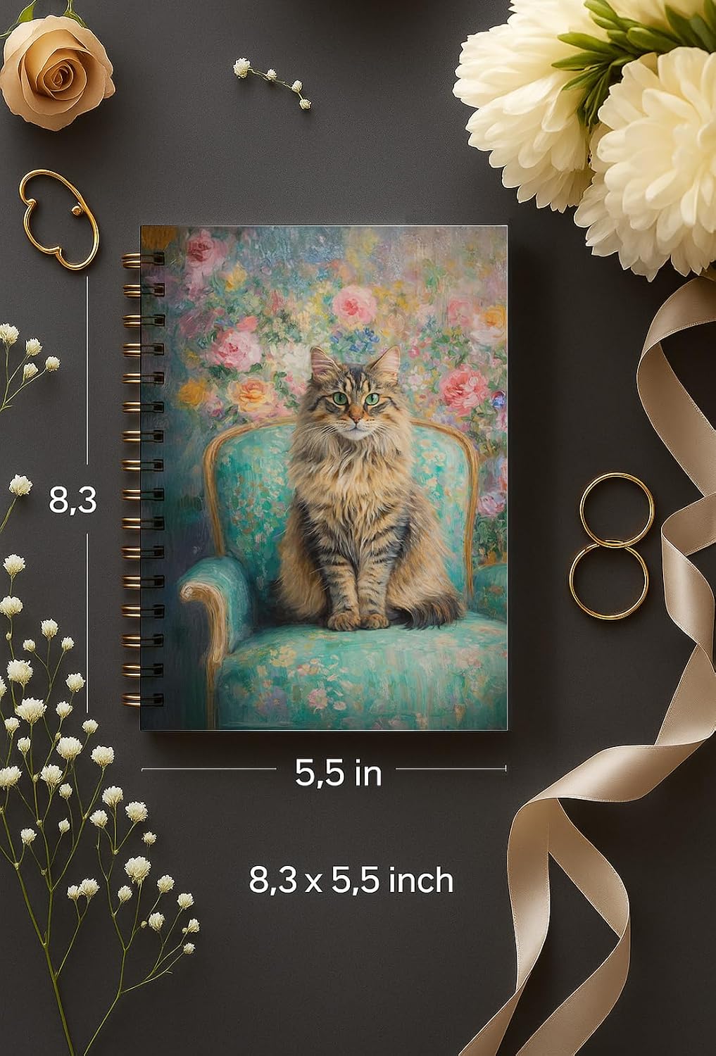 Detalle 2 de bitCNY 708 Spiral Notebook, 8.3 x 5.5 Inches, Lined Pages, Floral Cat Cover