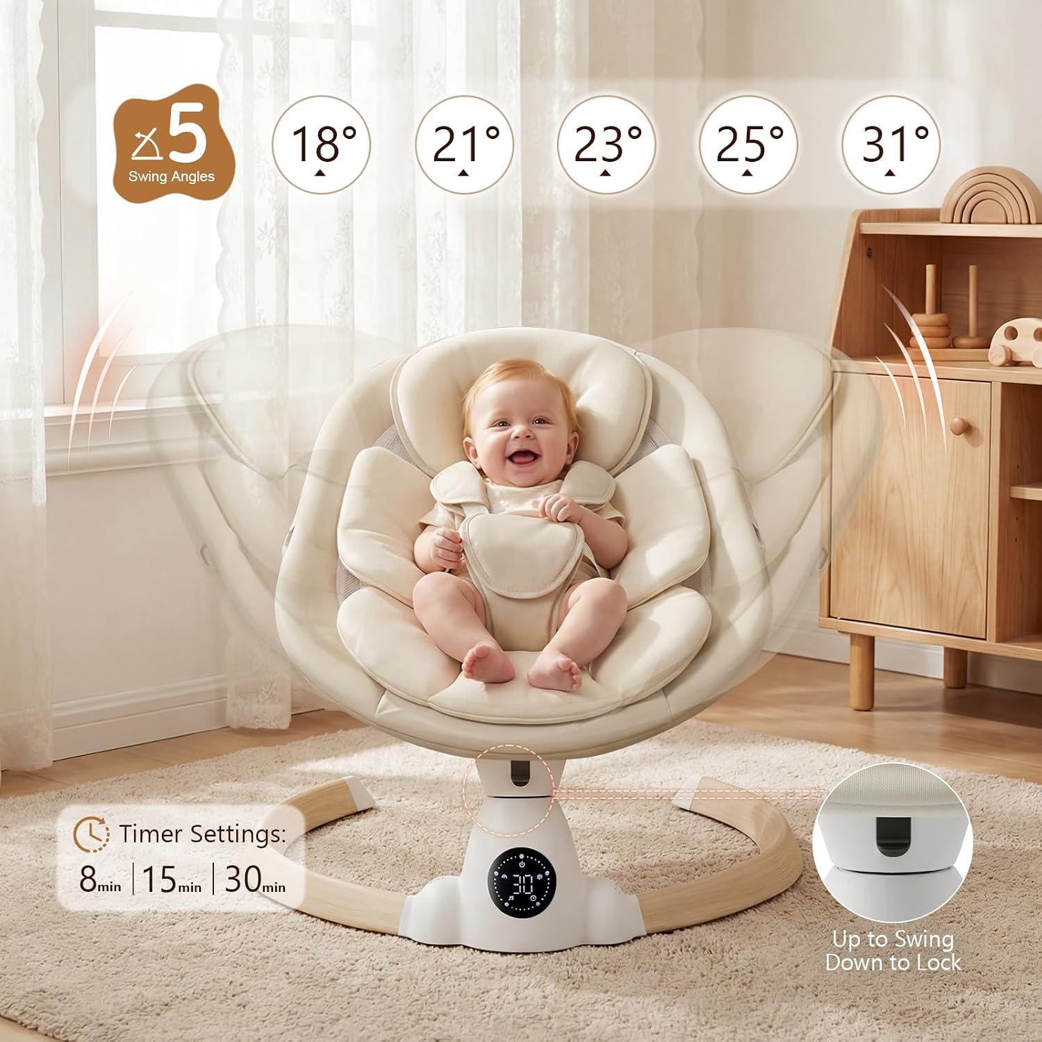 Detalle de Ansha Baby Portable Electric Infant Swing, Beige, Bluetooth and 5-Point Harness