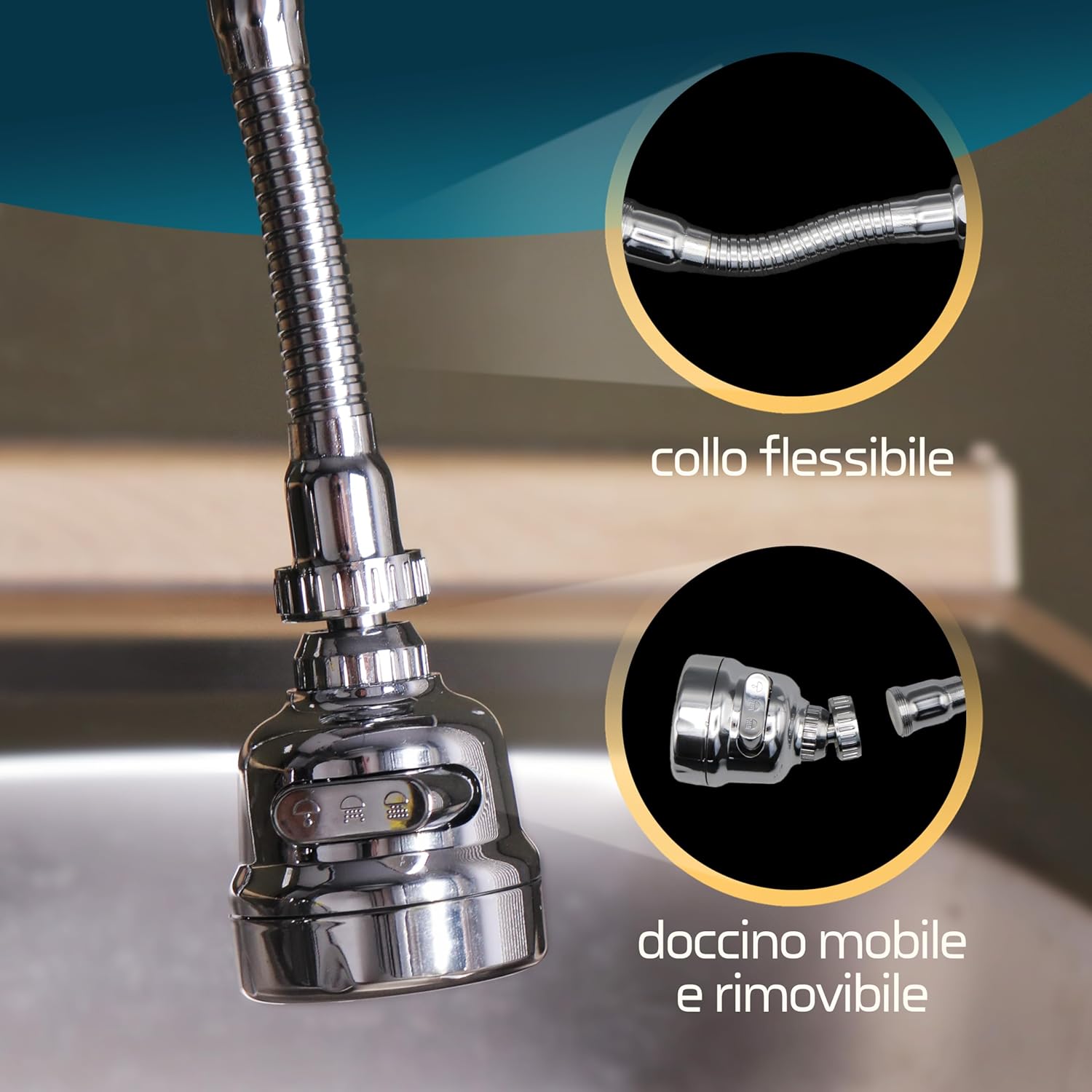 Detalle de Aeratore rubinetto cucina con snodo 360° universale, rompigetto antispruzzo e prolunga con adattatore Generico