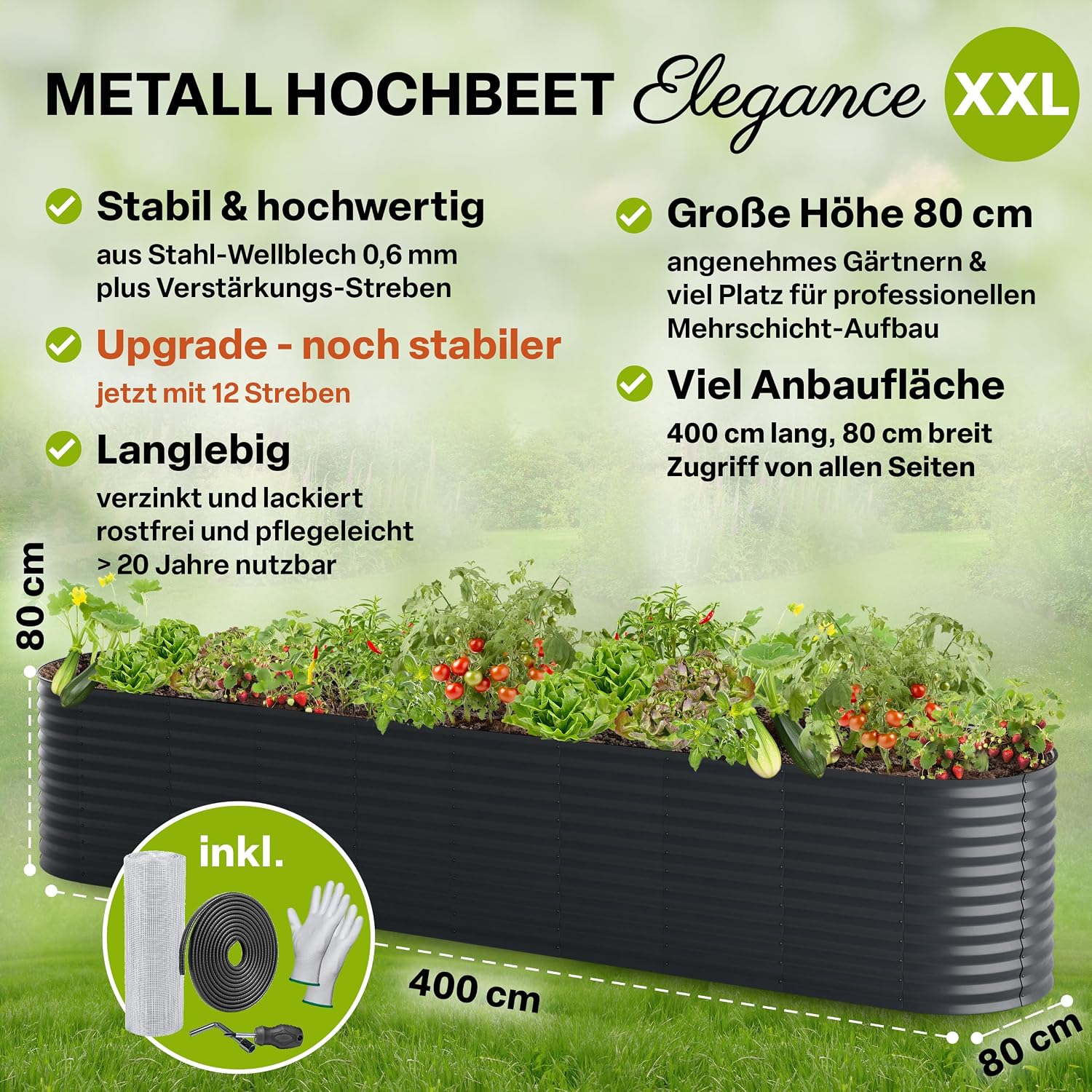 Detalle 2 de TTL GARDEN Elegance XXL Metall-Hochbeet 400x80x80 cm, anthrazit (Edelstahl verzinkt & grau lackiert)