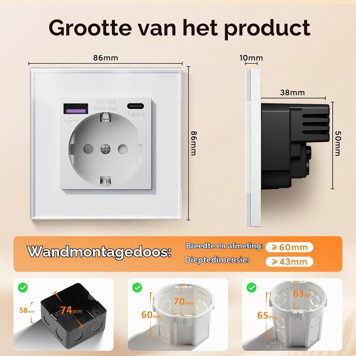 Detalle de BSEED FK86EUSK1PDAC1W Schuko-stopcontact met USB-C 20 W en glazen paneel