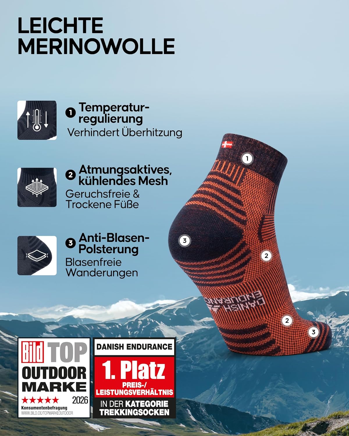 Thumbnail 1 de DANISH ENDURANCE Kurze Merino Wandersocken – 3 Paar, atmungsaktiv, anti-blanken & leicht gepolstert