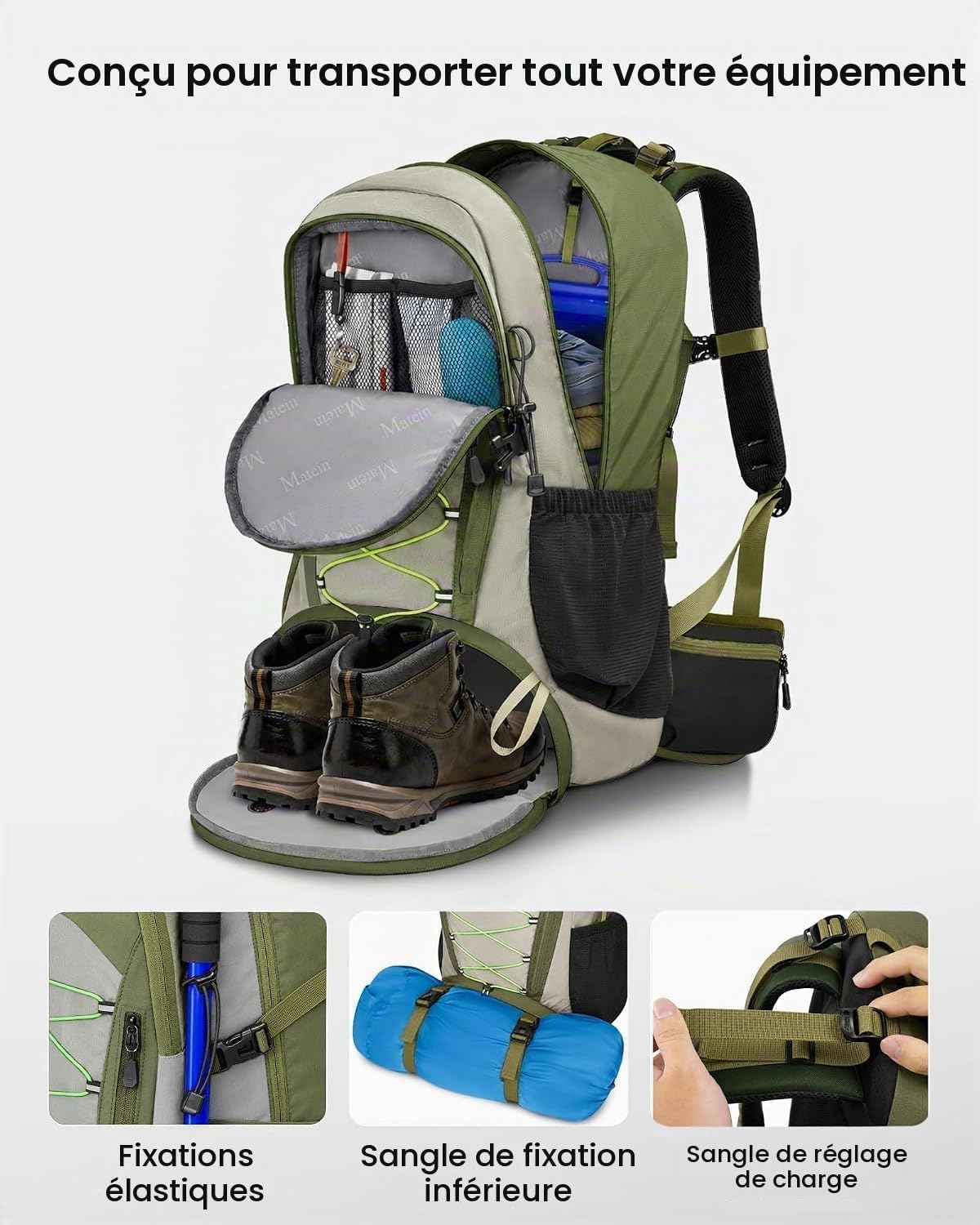 Detalle de MATEIN 40 liter trekkingrugzak in legergroen met schoenenvak en regenhoes