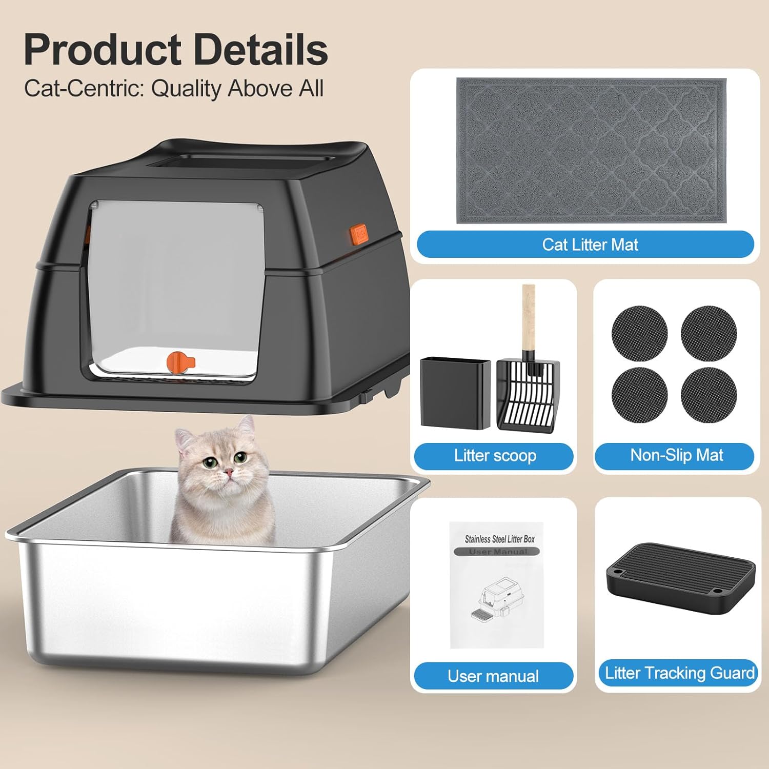Detalle de Stainless Steel Litter Box with Lid — Extra-Large Enclosed Metal Cat Litter Box (Front Entry / Top Exit) with Scoop & Litter Mat
