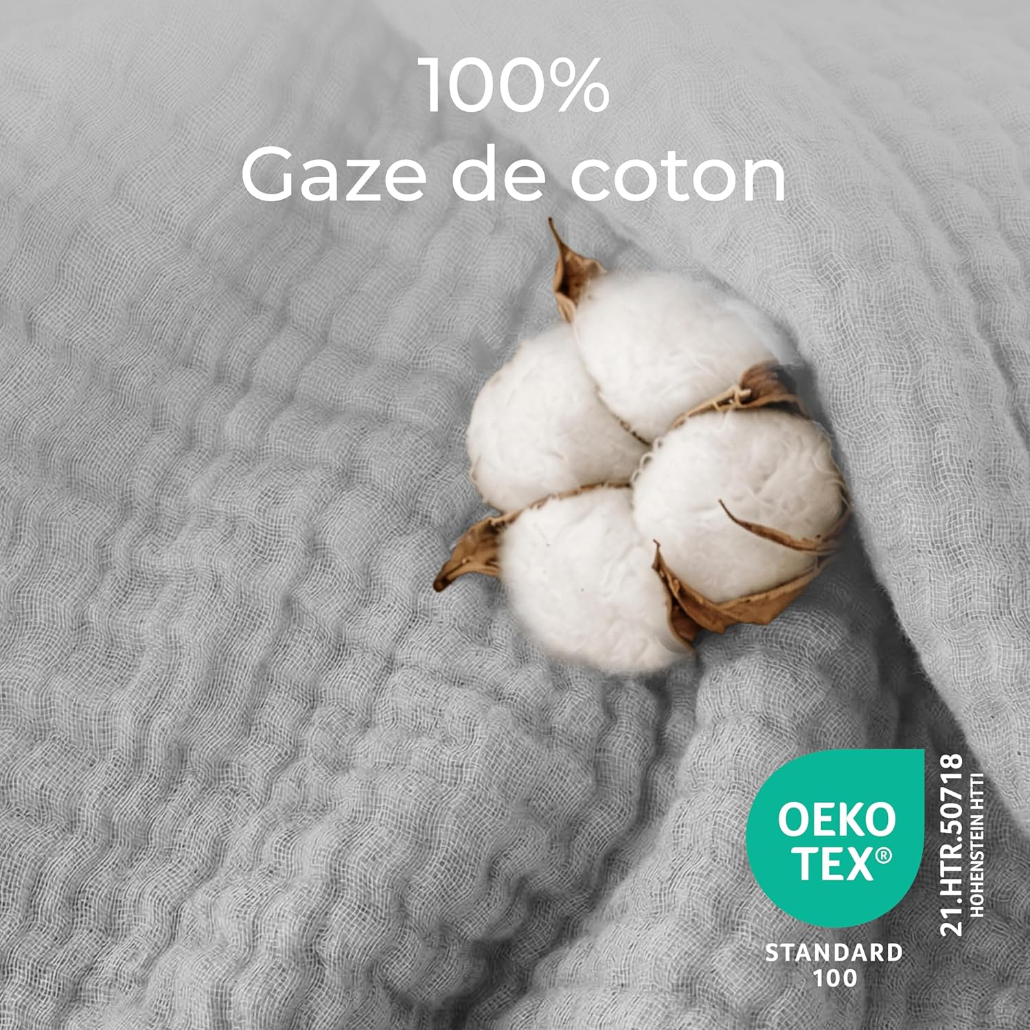 Thumbnail 1 de Dreamzie Couverture en mousseline 220x240 cm en coton (4 couches) gris clair – légère, respirante et lavable à 30 °C