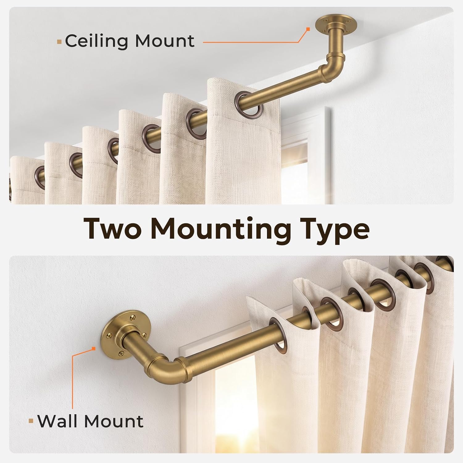 Detalle 2 de Zeerobee Skmst32BrG 1-Inch Wraparound Curtain Rod, Brushed Gold, 32"-48