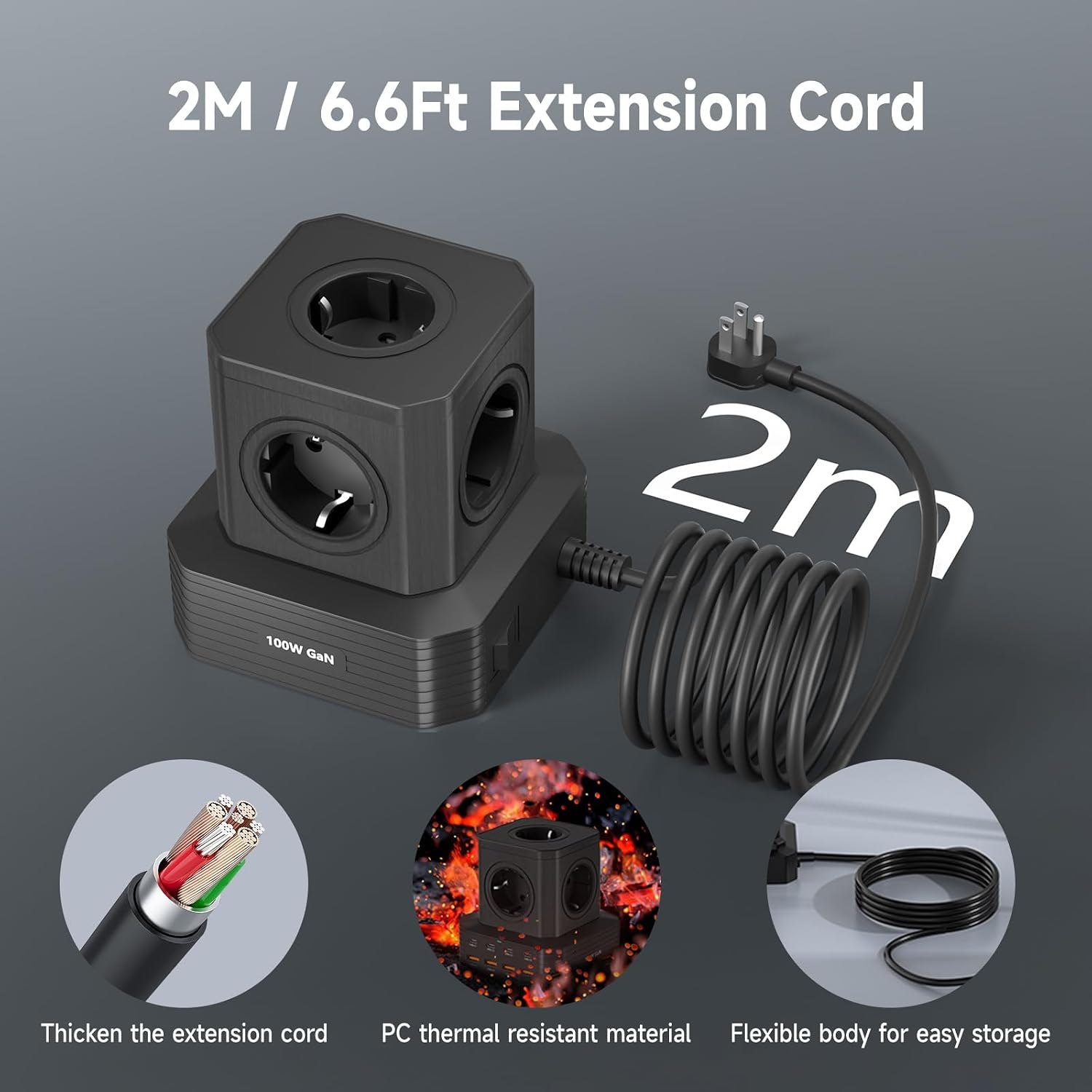 Detalle de TOPREK 100W Multiprise USB Cube 13 en 1 avec 8 ports USB et 5 prises AC, câble 2 m