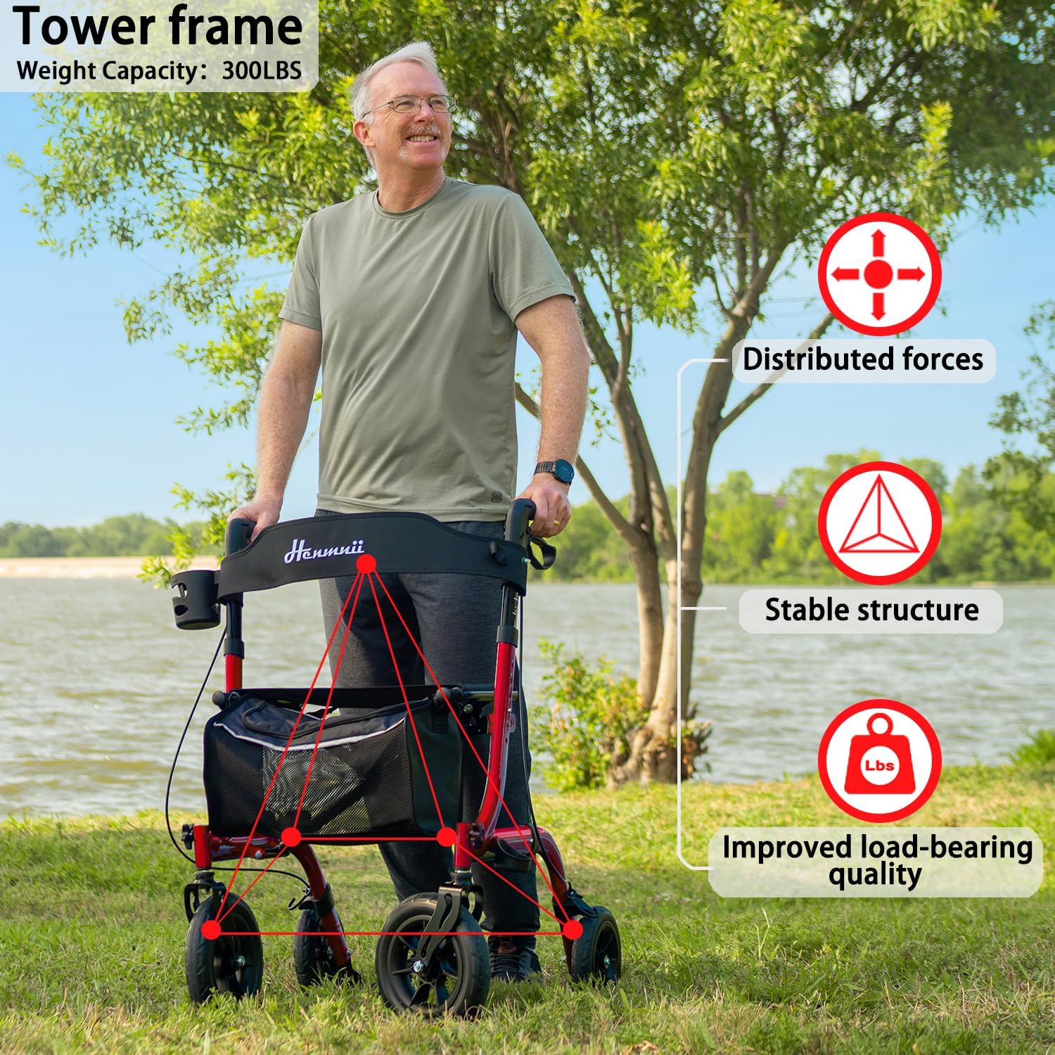 Thumbnail 4 de Rollator faltbar mit Sitzpolster, Einkaufstasche & Stockhalter – Höhenverstellbar, leicht & schmal für Senioren