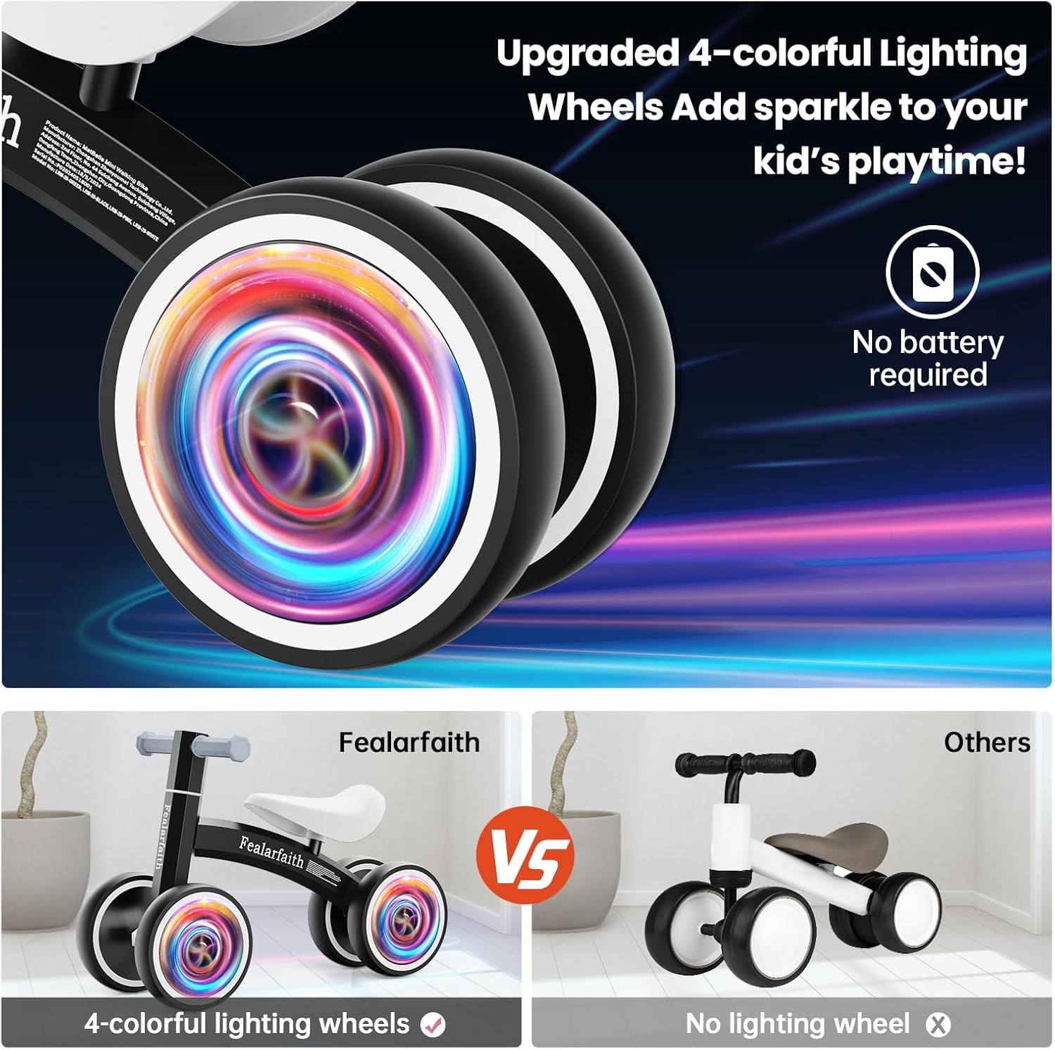 Thumbnail 3 de Baby Balance Bike for 1 Year Olds (10-36 Months) with 4 LED Lighting Wheels, Enclosed Wheels & Steering Limit (Black)