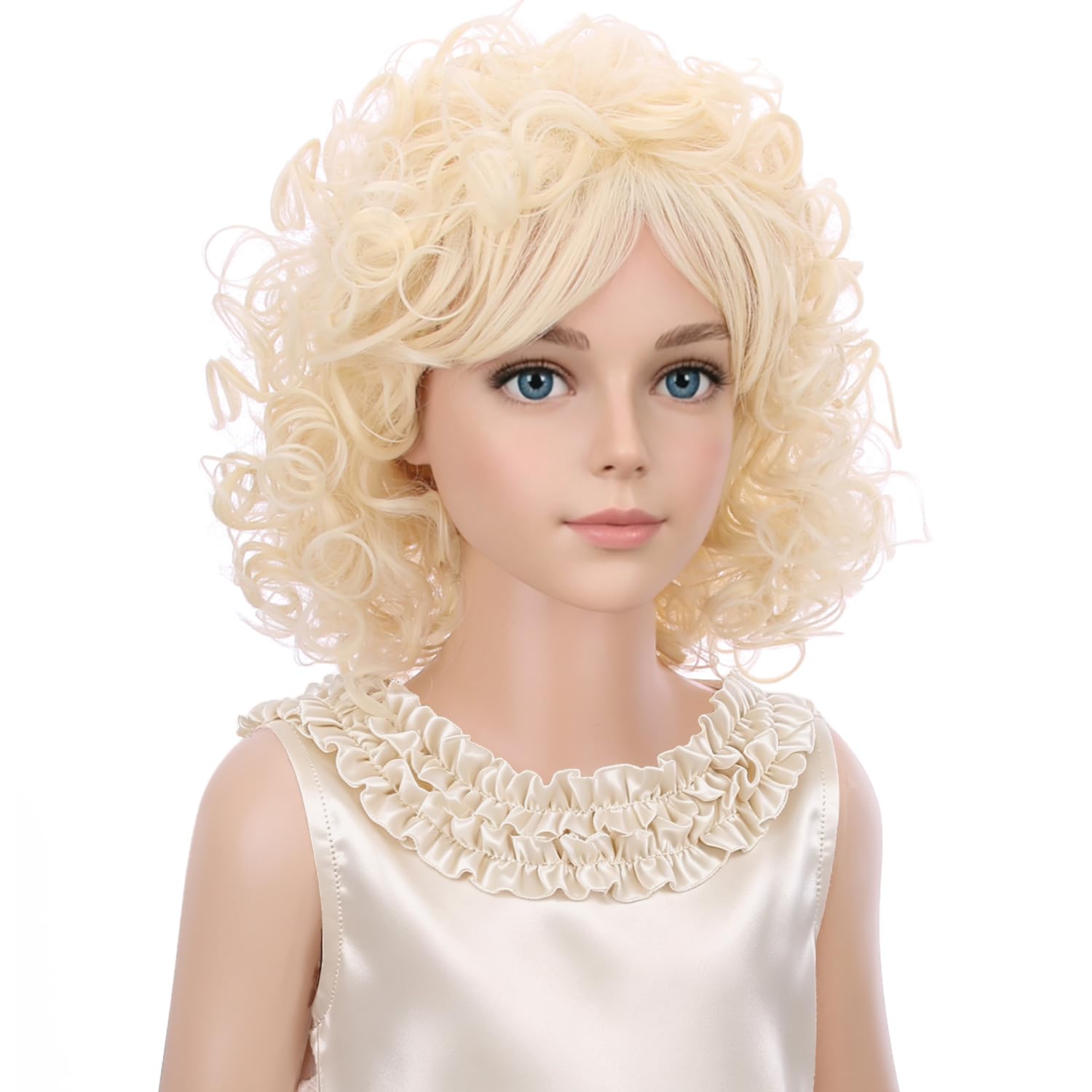 Detalle 2 de PATTNIUM Curly Blonde Wig for Kids with Bangs, Shoulder-Length Synthetic Hair