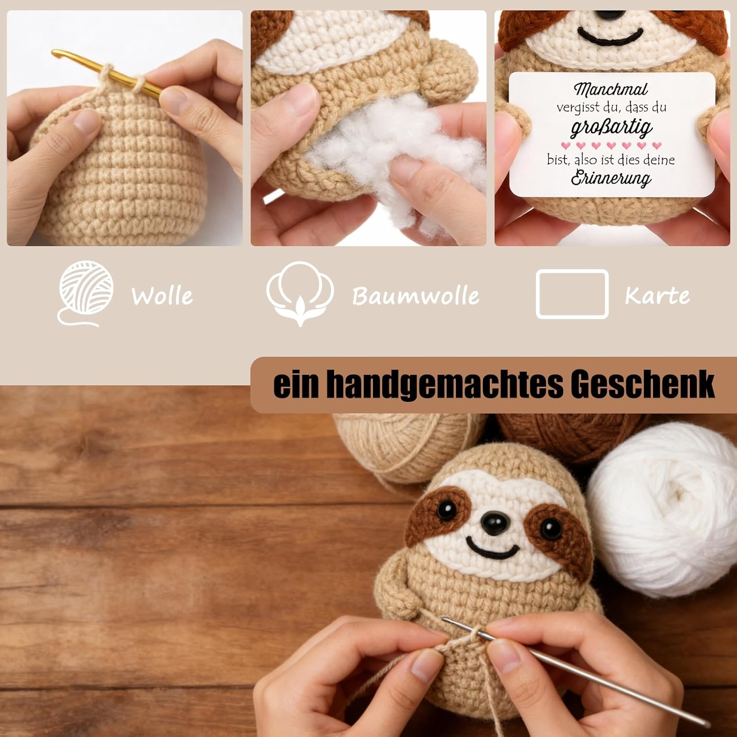 Detalle de Tixlux Pocket Hug Anti Stress Faultier – Handgefertigte Stresshilfe zum Mitnehmen