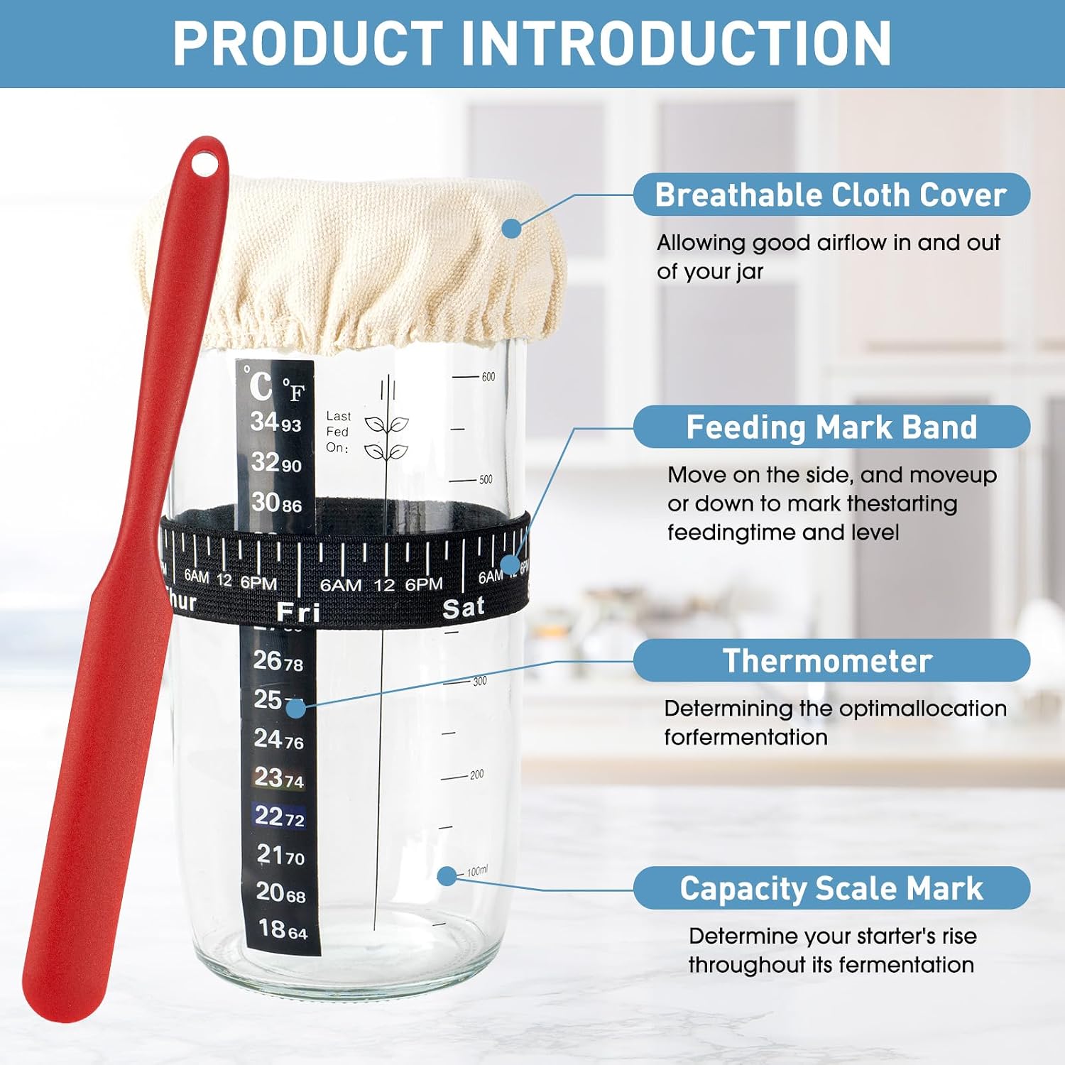 Detalle de 2-Pack Sourdough Starter Jar 730ml Kit – Glass Jars with Date & Temperature Tracking, Cloth Covers and Lids