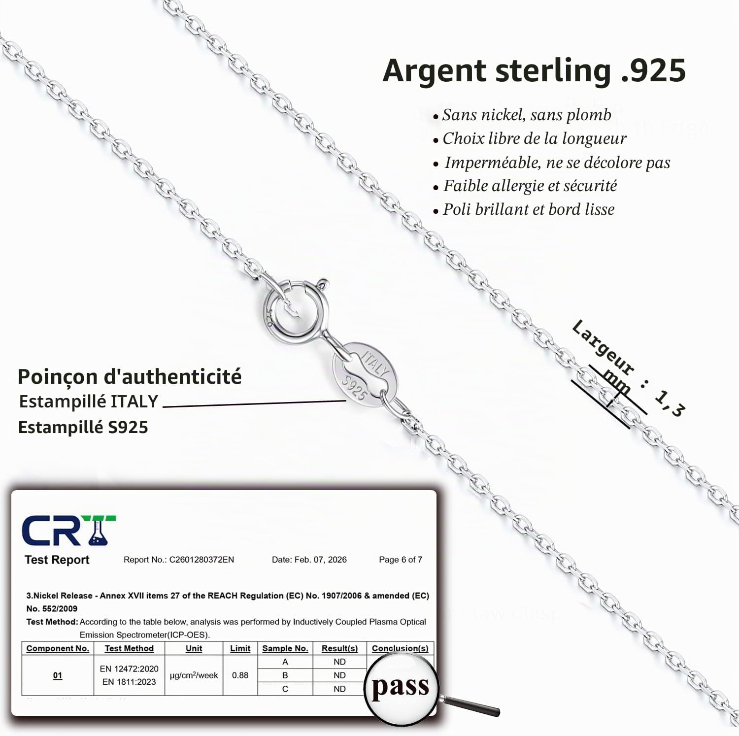 Detalle de FUNEIA Collier en Argent Sterling 925 – chaîne fine 1,1 mm / 1,3 mm, longueurs 40–55 cm, sans pendentif