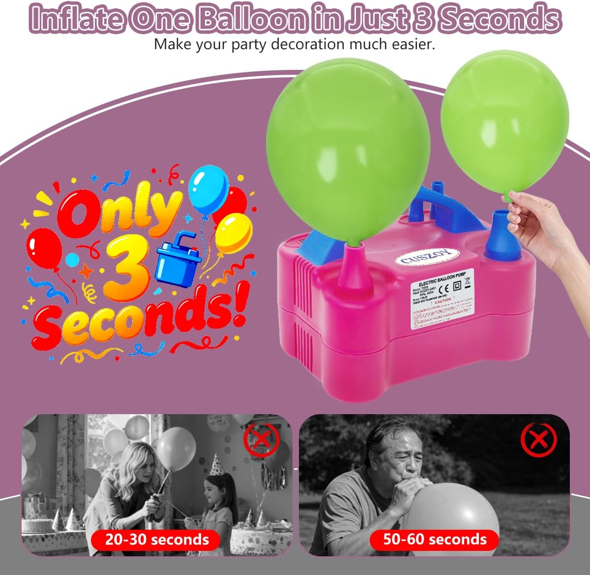 Detalle de CUSZOY RT-73005 Electric Balloon Pump, 600W, Dual Nozzle, Two Modes