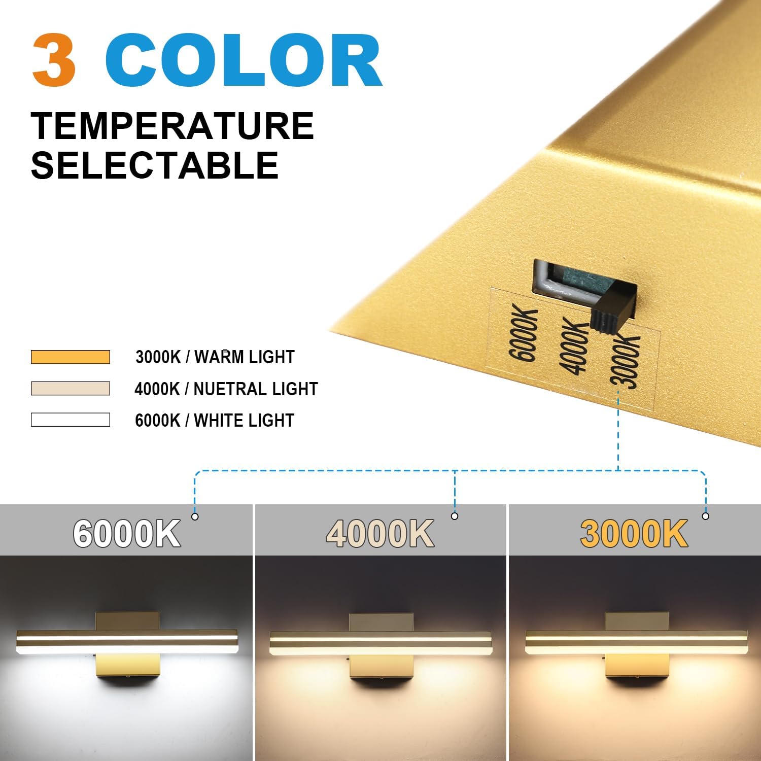 Detalle 2 de SineRise 603903aa-3e15-4b13-a5d6-2ffb60285ba0 16-Inch LED Vanity Light, Dimmable, Gold