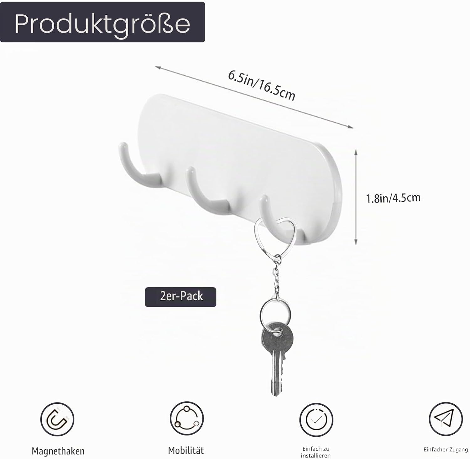 Detalle de 2er-Pack Magnetischer Schlüsselhalter mit 3 Haken – ideal für Kühlschrank, Küche und Waschküche