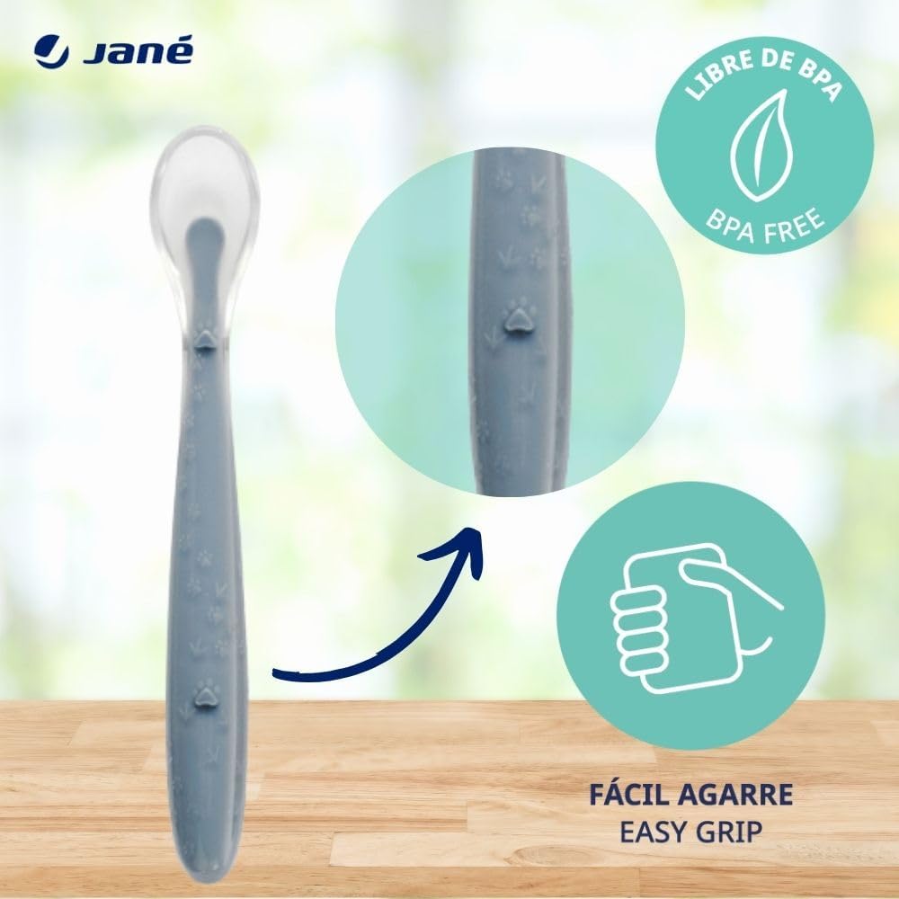 Detalle de Jané Lot de 4 Cuillères en Silicone pour Bébé et Enfant – Souples, Bout arrondi, Sans BPA, Colour Sunset