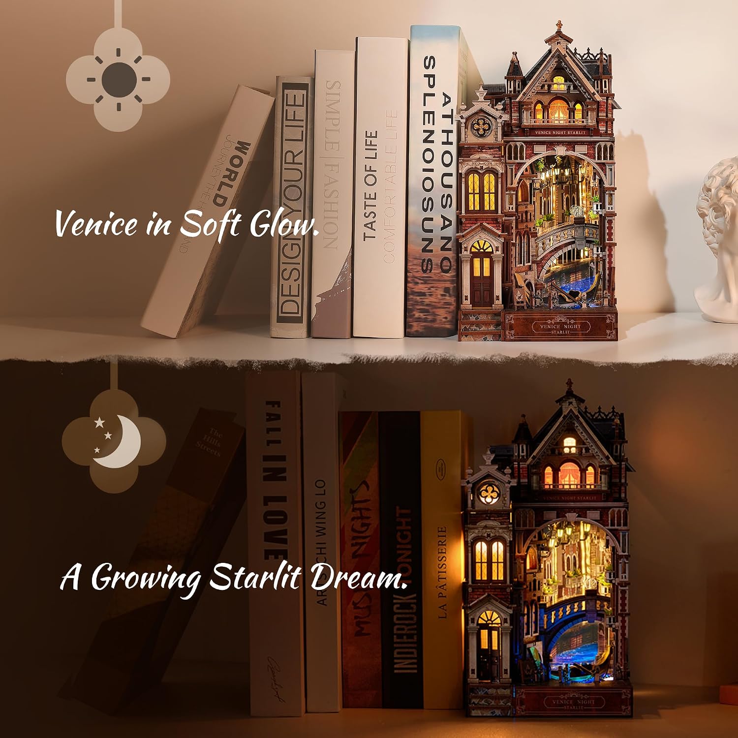 Detalle de FUNPOLA Venice Night Starlit Book Nook Kit with Infinity Mirror — LED 3D Wood Puzzle DIY Décor